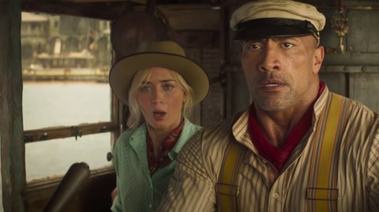 Wolff and Lily look surprised in Jungle Cruise