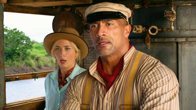 Wolff and Lily look surprised in Jungle Cruise