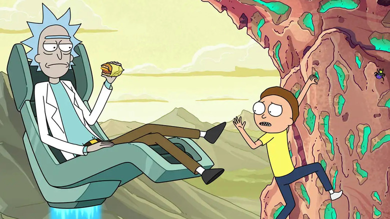 Rick watching Morty climb a mountain