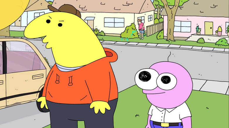 Pim and Charlie at someone's front doorstep
