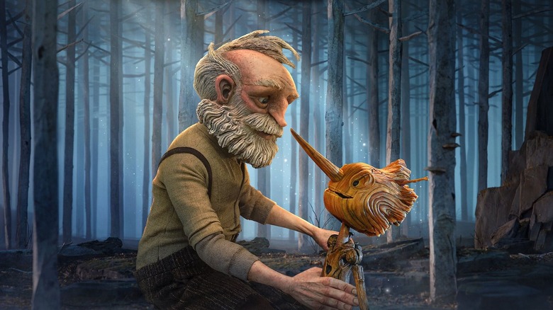 Geppetto and Pinocchio in the woods in "Guillermo del Toro's Pinocchio"