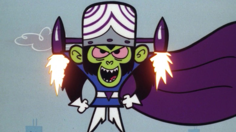 Mojo Jojo flies with a jetpack in "The Powerpuff Girls" (1998-2005)