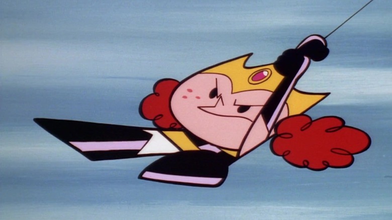Princess Morbucks does a swing kick from a grappling hook in "The Powerpuff Girls" (1998-2005)