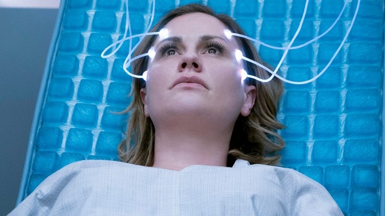 Sarah with glowing wires in her head in "Electric Dreams."