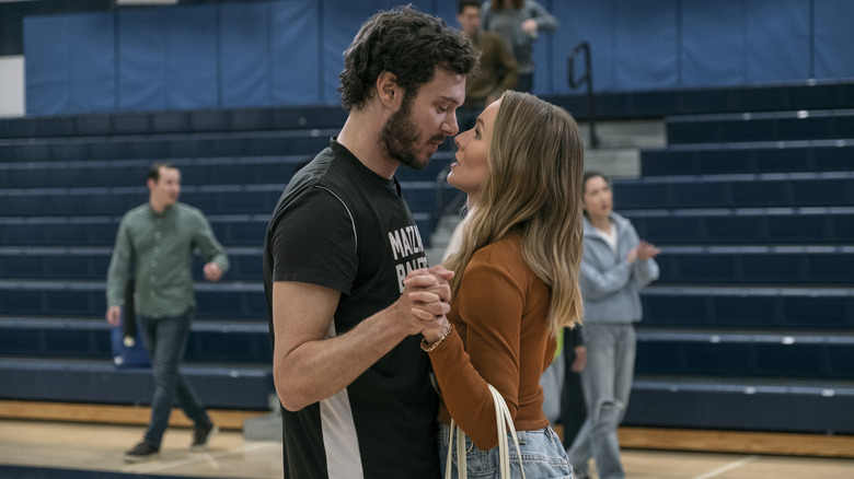 Joanne and Noah about to kiss on the basketball court in Nobody Wants This