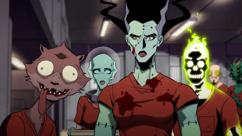Weasel, Nina, the Bride, and Doctor Phosphorus in a cafeteria on "Creature Commandos" (2024-present)