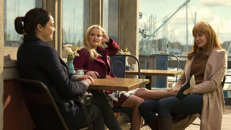 Jane, Madeline, and Celeste talking at a coffee shop in "Big Little Lies" (2017-2019)
