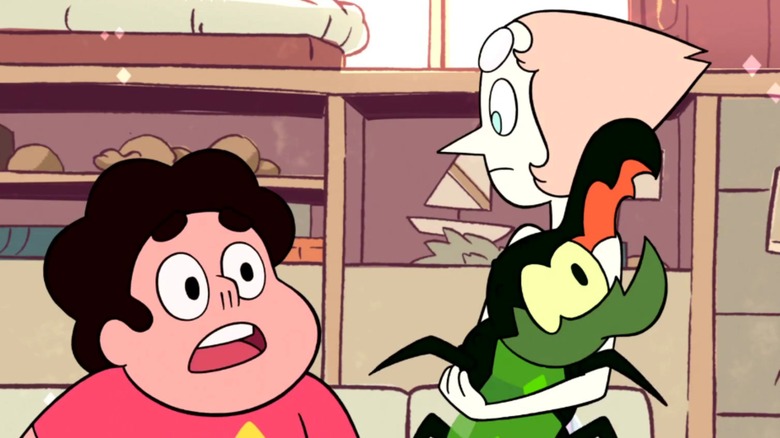 Pearl hugging Centipeetle while Steven looks on in "Steven Universe"
