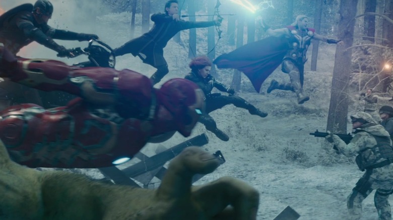 Avengers leaping into battle in Avengers: Age of Ultron (2015)