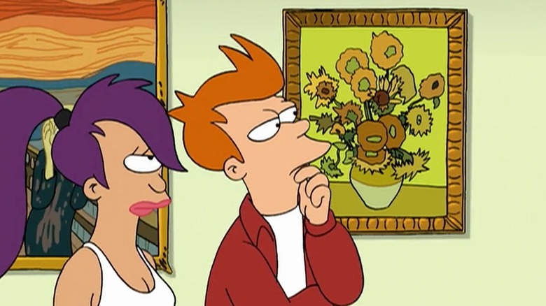 Fry standing in front of a fancy painting while holding his chin as Leela follows behind him in "Futurama"