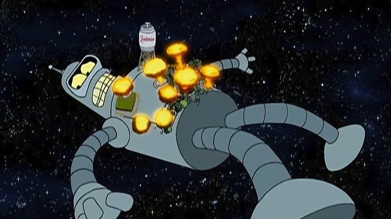 Nuclear explosions erupting all across Bender's body as he floats through space in "Futurama"