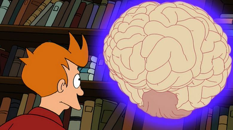 Fry facing off against a giant floating Brain spawn inside a library in "Futurama"