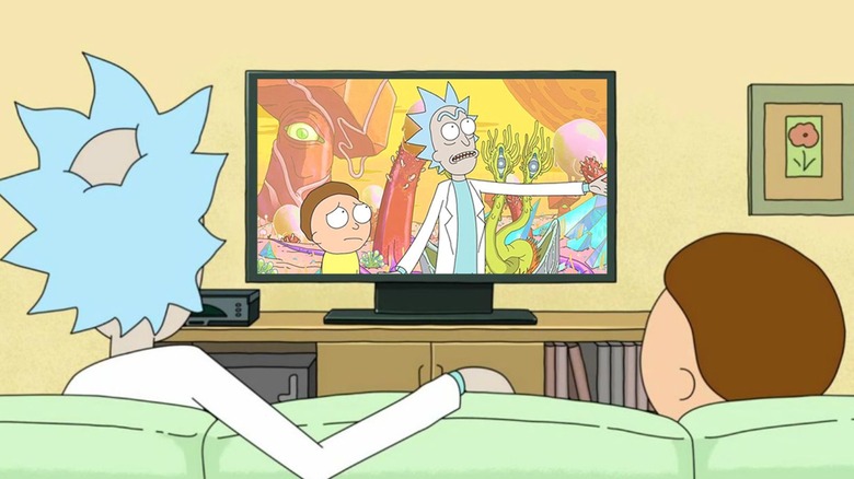 Rick and Morty watching television in 