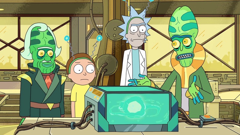 Rick and Morty with alien scientists in "Rick and Morty"