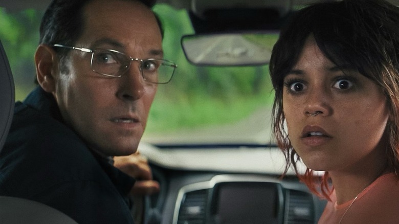 Elliot and Ridley looking back at what they hit in Death of a Unicorn (2025)