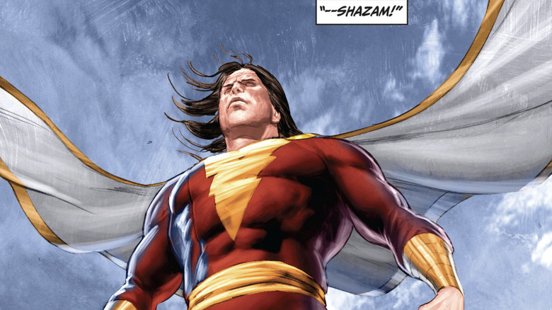 Shazam floating in the sky