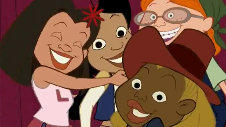 Lacienega, Penny Proud, Dijonay, and Zoey hug in The Proud Family