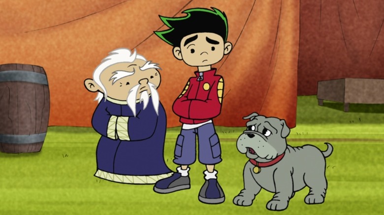 Jake, his dog, and his grandfather standing outside in American Dragon: Jake Long