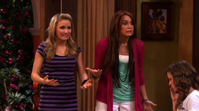 Lily and Miley looking shocked and nervous in Hannah Montana
