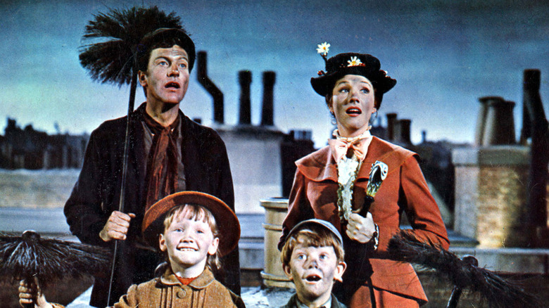 Mary, Bert, Jane, and Michael on the rooftops of London in "Mary Poppins" (1964)