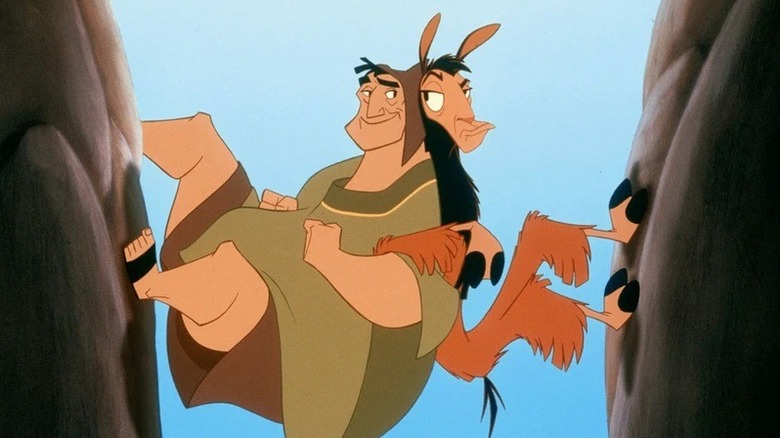 Kuzco and Pacha propping each other up in a canyon in "The Emperor's New Groove" (2000)