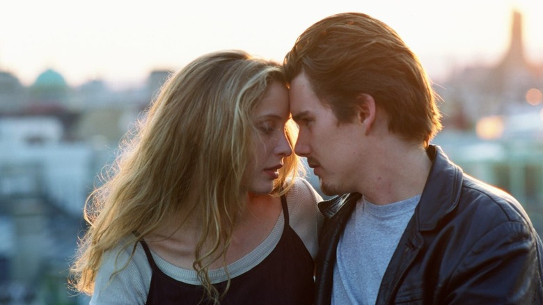 Celine and Jesse touching foreheads in Before Sunrise