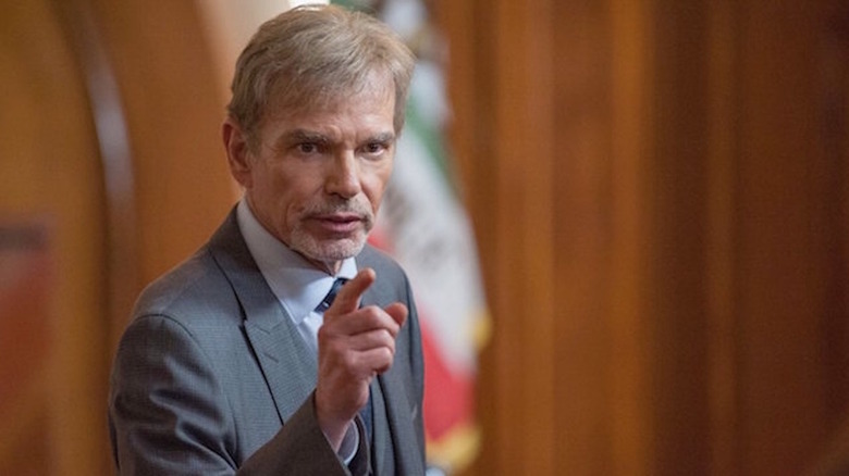 McBride wags his finger at the prosecution in court in "Goliath" (2016-2021)