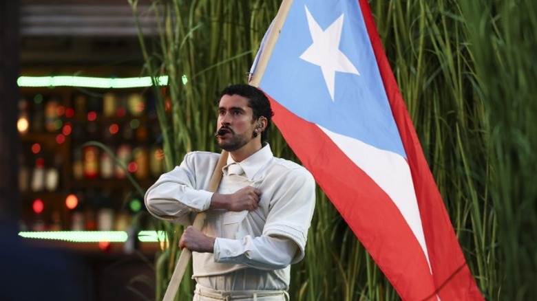 Bad Bunny holding a Puerto Rico flag during the 2026 Super Bowl halftime show