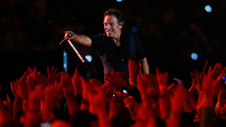 Bruce Springsteen performing on stage at the 2009 Super Bowl halftime show