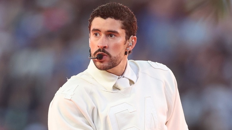 Bad Bunny performing on stage during the 2026 Super Bowl halftime show