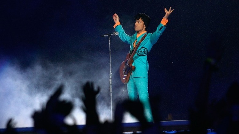 Prince performing on stage during the 2007 Super Bowl halftime show