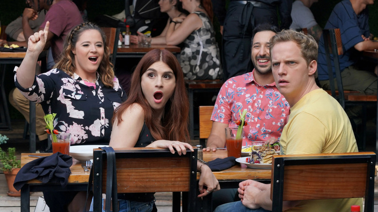 Lindsay Gretchen Edgar and Jimmy at Sunday Funday brunch shocked on You're the Worst