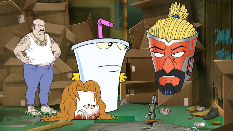 Carl, Meatwad, Master Shake, and Frylock talk in "Aqua Teen Hunger Force"