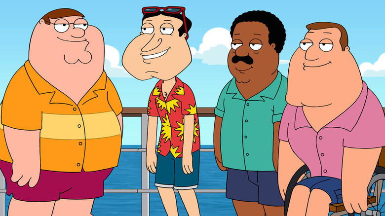 Peter, Quagmire, Cleveland and Joe smiling onboard a ship in "Family Guy"
