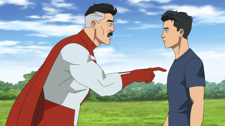 Omni-Man pokes Mark in his chest in "Invincible"