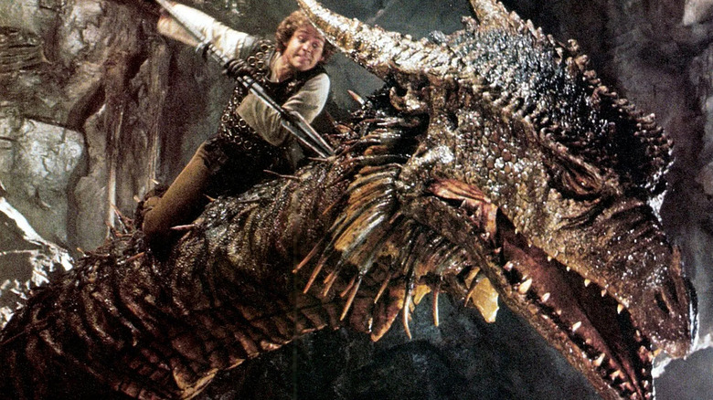 Galen Brandwardyn stabs a dragon while riding its neck in 'Dragonslayer' (1981)