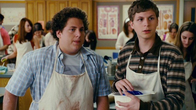 Seth and Evan standing in class in Superbad