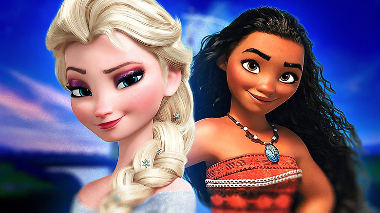Elsa and Moana in front a blurry Disneyland backdrop