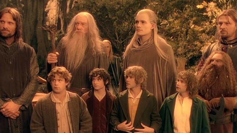 Aragorn, Gandalf, Legolas, Boromir, Sam, Frodo, Merry, Pippin, and Gimli standing together in The Lord of the Rings: The Fellowship of the Ring