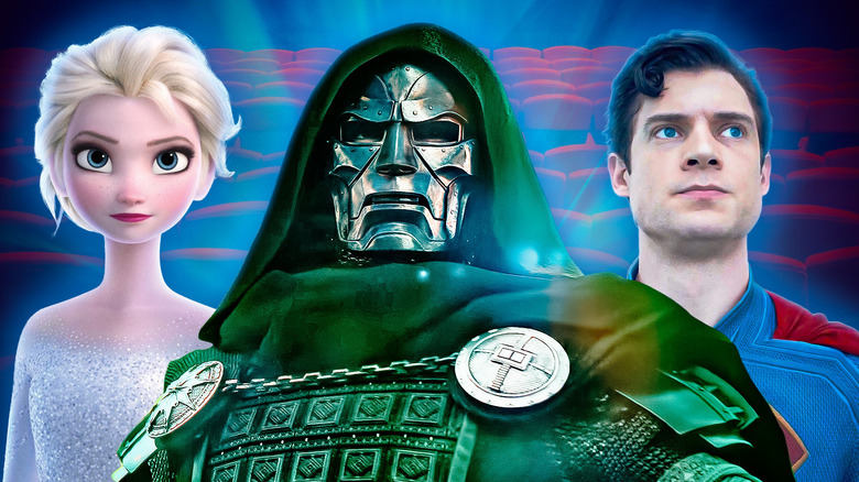 Elsa, Doctor Doom, and Superman stand in front of movie theater seats