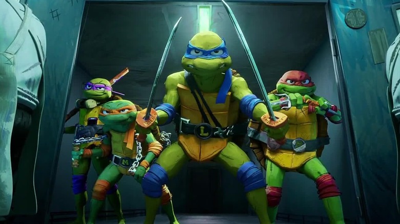 Leonardo, Raphael, Donatello and Michelangelo ready to fight in "Teenage Mutant Ninja Turtles: Mutant Mayhem" (2023)