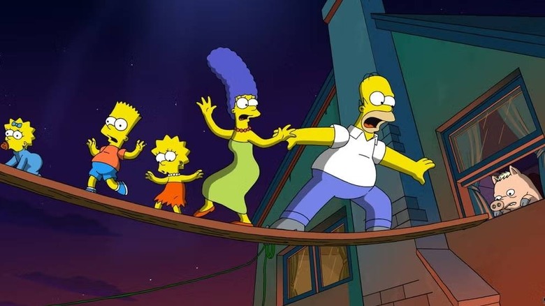 Maggie, Bart, Lisa, Marge, and Homer trying to escape in "The Simpsons Movie" (2007)