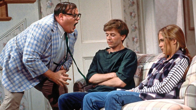 Chris Farley screams at David Spade and Christina Applegate on Saturday Night Live