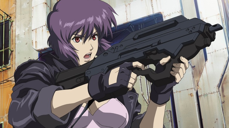 Motoko Kusanagi firing an assault rifle in Ghost in the Shell: Stand Alone Complex - Solid State Society