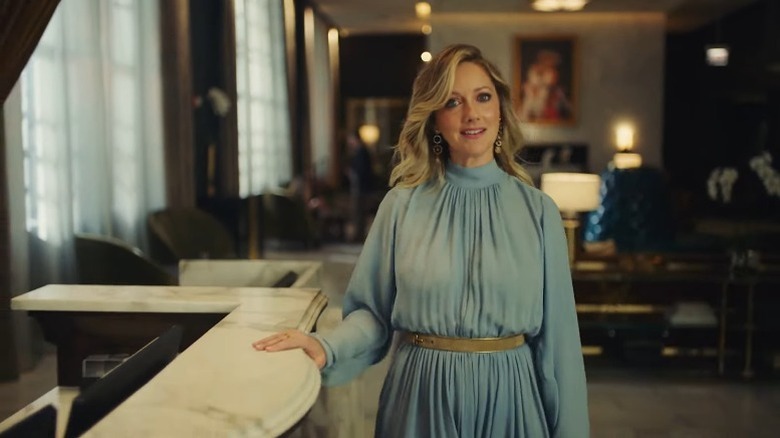 Judy Greer talking wearing dress