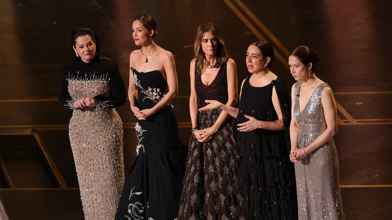 The Bridesmaids cast on the Oscars stage at the 98th Academy Awards (2026)