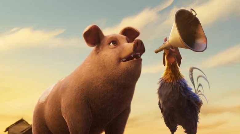 Napoleon letting out a decree in Animal Farm (2025)