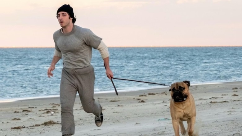 Sylvester Stallone taking his dog for a beach run in I Play Rocky (2026)