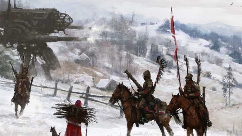 Illustration from Scythe: hussars watching steampunk mecha