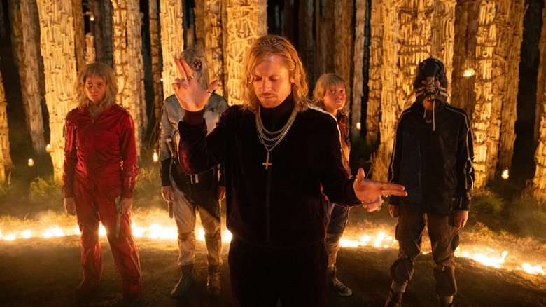 Sir Lord Jimmy Crystal with the other Jimmys at the bone temple in 28 Years Later: The Bone Temple